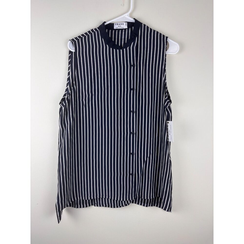 FRAME NWT 100% Silk Classic Stripe Shirt L Navy White Sleeveless Blouse